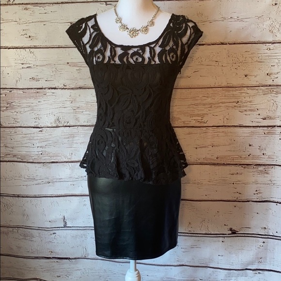 Black lace top faux leather Peplum Dress Medium - Picture 2 of 12